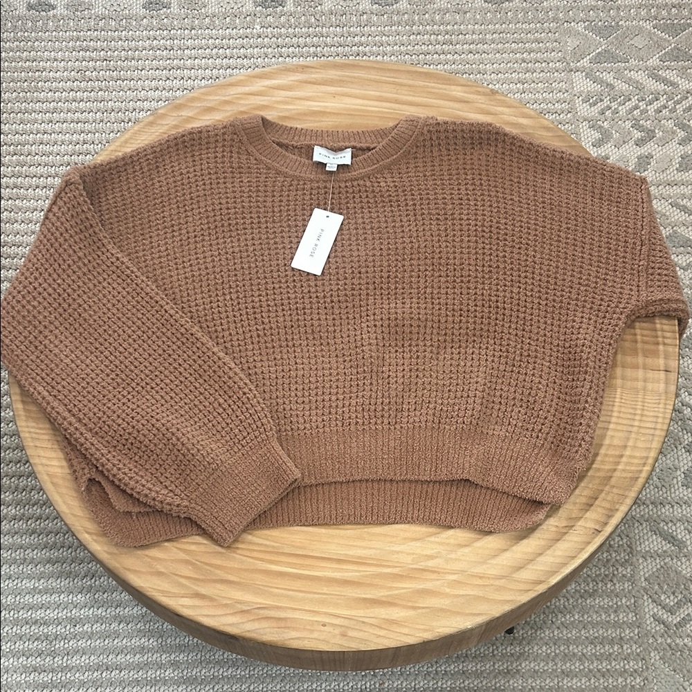 Pink Rose Waffle-Knit Crewneck Sweater - Camel Brown